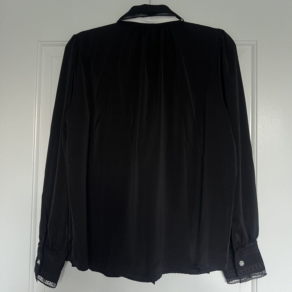 Adrianna Papell Black Lace Tie Neck Blouse - Pintuck Pearl Button Top - Large - Picture 2 of 3